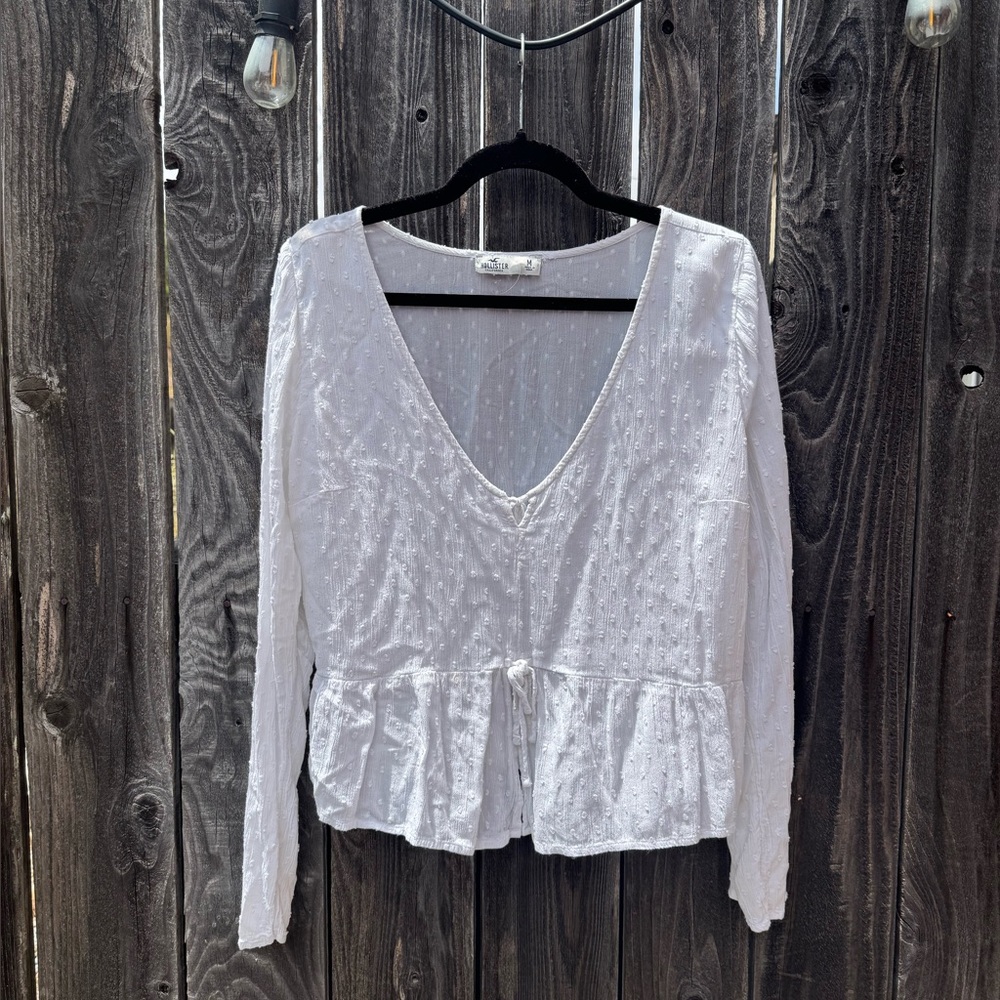 Hollister White Swiss Dot Babydoll Long Sleeve Blouse With Waist Tie Medium